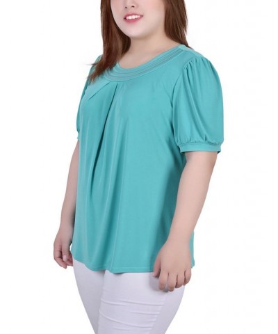 Plus Size Short Puff Sleeve Sheer Inset Top Brown $13.52 Tops