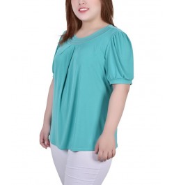 Plus Size Short Puff Sleeve Sheer Inset Top Brown $13.52 Tops