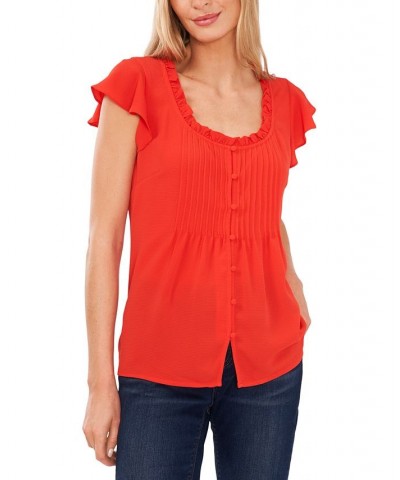 Women's Pintuck Flutter-Sleeve Blouse Poppy Red $24.48 Tops