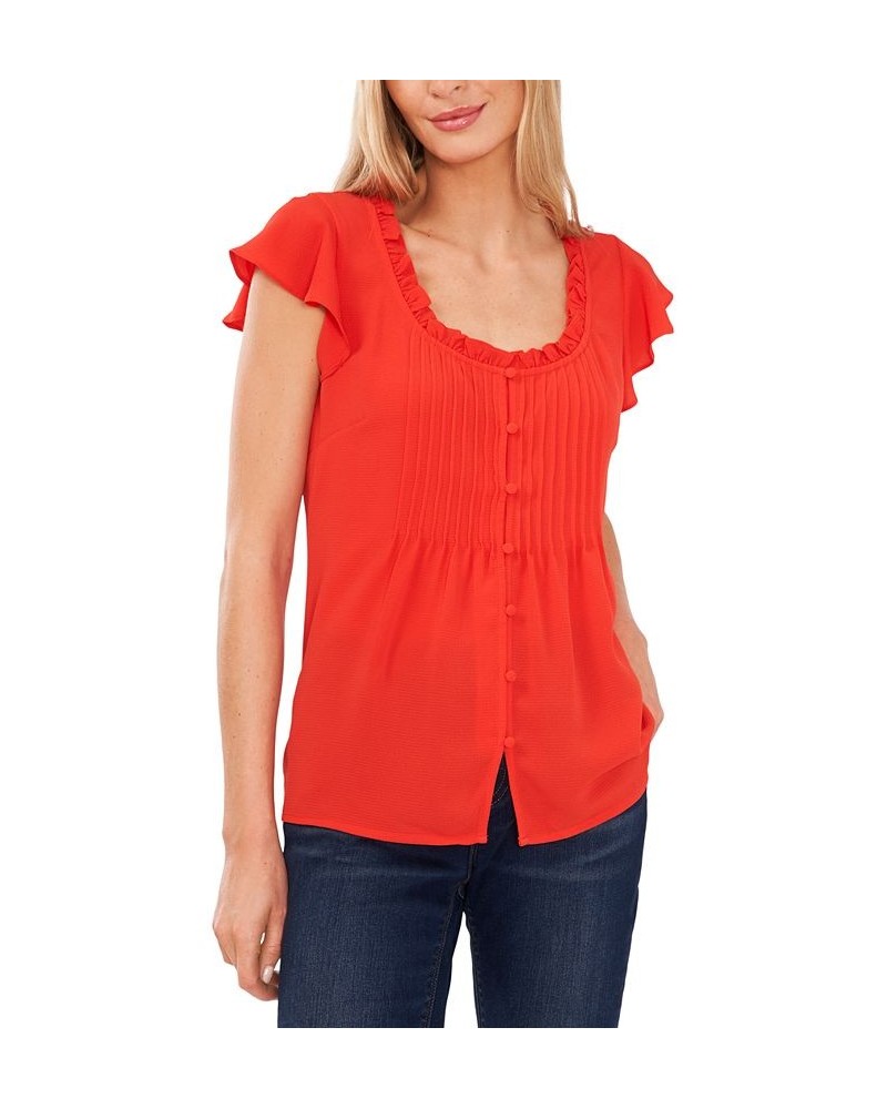 Women's Pintuck Flutter-Sleeve Blouse Poppy Red $24.48 Tops