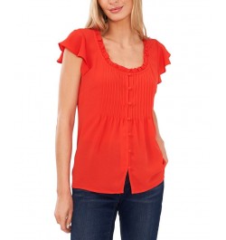 Women's Pintuck Flutter-Sleeve Blouse Poppy Red $24.48 Tops