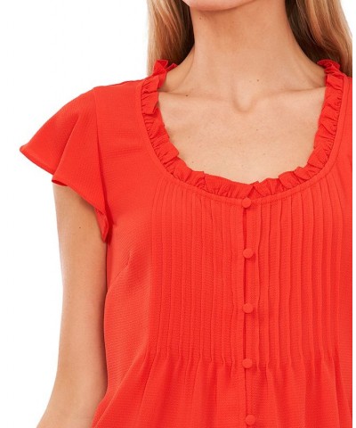 Women's Pintuck Flutter-Sleeve Blouse Poppy Red $24.48 Tops