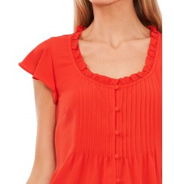 Women's Pintuck Flutter-Sleeve Blouse Poppy Red $24.48 Tops