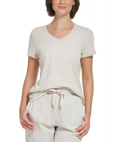 Women's Cotton V-Neck Logo-Detail T-Shirt Porcini $11.63 Tops