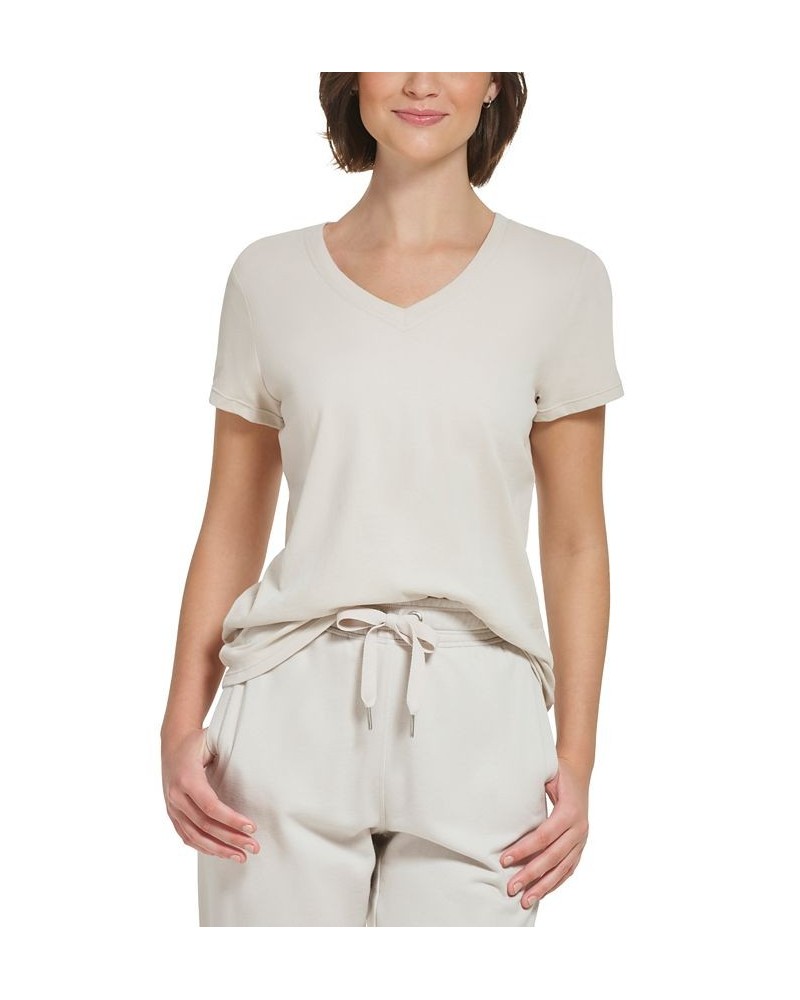 Women's Cotton V-Neck Logo-Detail T-Shirt Porcini $11.63 Tops