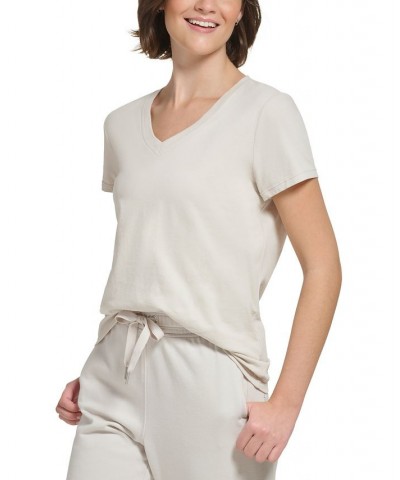 Women's Cotton V-Neck Logo-Detail T-Shirt Porcini $11.63 Tops