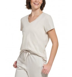 Women's Cotton V-Neck Logo-Detail T-Shirt Porcini $11.63 Tops