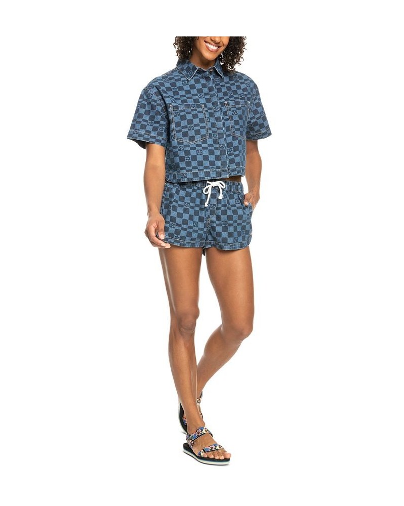 Juniors' Blue Wave Club Cropped Denim Button-Up Top Mood Indigo Sol Power $28.70 Tops