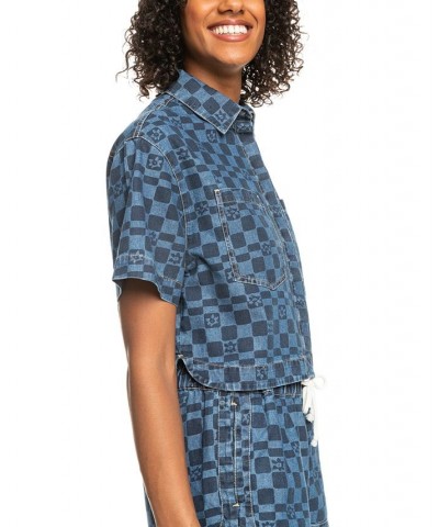 Juniors' Blue Wave Club Cropped Denim Button-Up Top Mood Indigo Sol Power $28.70 Tops