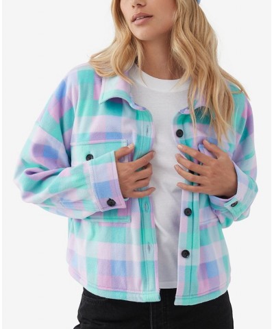 Juniors' Colleen Plaid Cropped Sherpa Jacket Caribbean Blue $31.16 Jackets