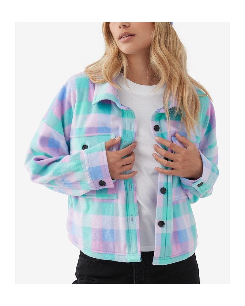 Juniors' Colleen Plaid Cropped Sherpa Jacket Caribbean Blue $31.16 Jackets