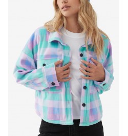 Juniors' Colleen Plaid Cropped Sherpa Jacket Caribbean Blue $31.16 Jackets