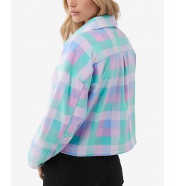 Juniors' Colleen Plaid Cropped Sherpa Jacket Caribbean Blue $31.16 Jackets