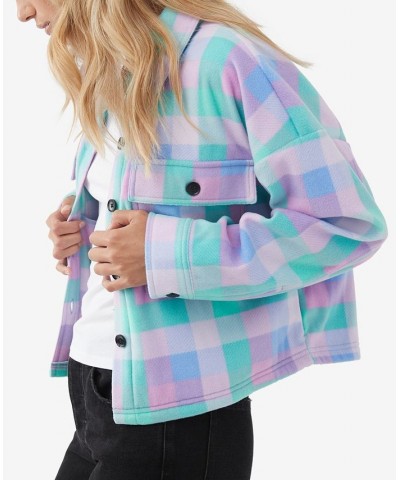 Juniors' Colleen Plaid Cropped Sherpa Jacket Caribbean Blue $31.16 Jackets