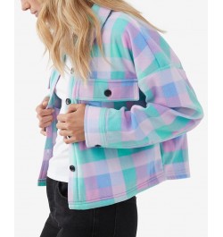 Juniors' Colleen Plaid Cropped Sherpa Jacket Caribbean Blue $31.16 Jackets