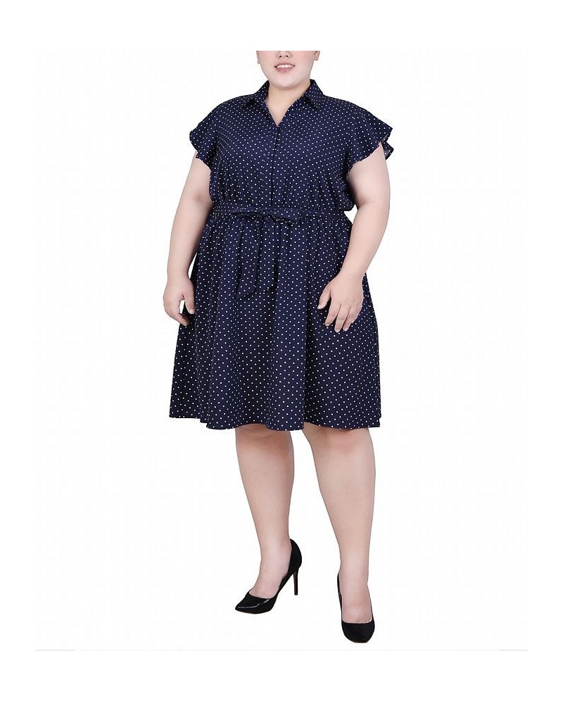 Plus Size Flutter Sleeve Belted Dress Navy White Dot $14.62 Dresses