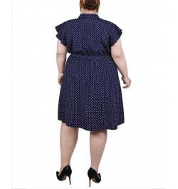 Plus Size Flutter Sleeve Belted Dress Navy White Dot $14.62 Dresses