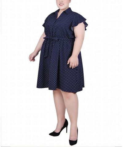 Plus Size Flutter Sleeve Belted Dress Navy White Dot $14.62 Dresses