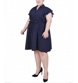 Plus Size Flutter Sleeve Belted Dress Navy White Dot $14.62 Dresses