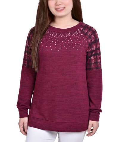 Petite Knit Top with Print Shoulder Insets Red $17.92 Tops
