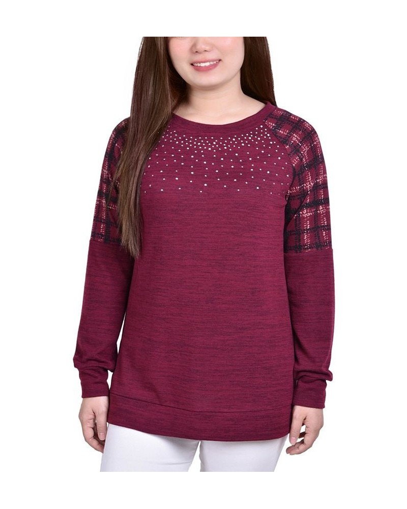 Petite Knit Top with Print Shoulder Insets Red $17.92 Tops