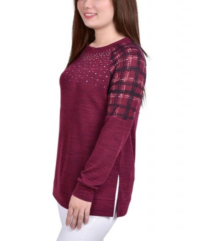 Petite Knit Top with Print Shoulder Insets Red $17.92 Tops