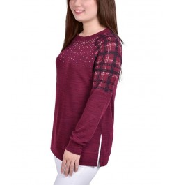 Petite Knit Top with Print Shoulder Insets Red $17.92 Tops