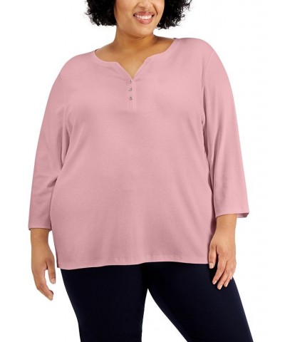 Plus Size 3/4-Sleeve Henley Top Intrepid Blue $8.79 Tops