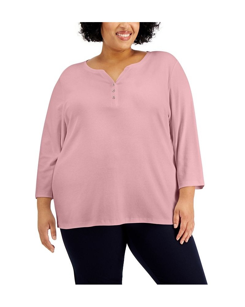 Plus Size 3/4-Sleeve Henley Top Intrepid Blue $8.79 Tops