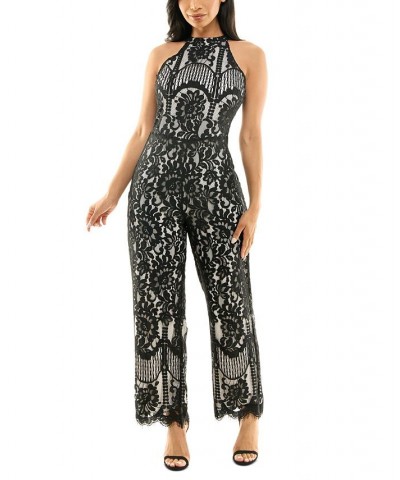 Lace Scalloped-Hem Halter-Neck Jumpsuit Black/white $42.00 Pants