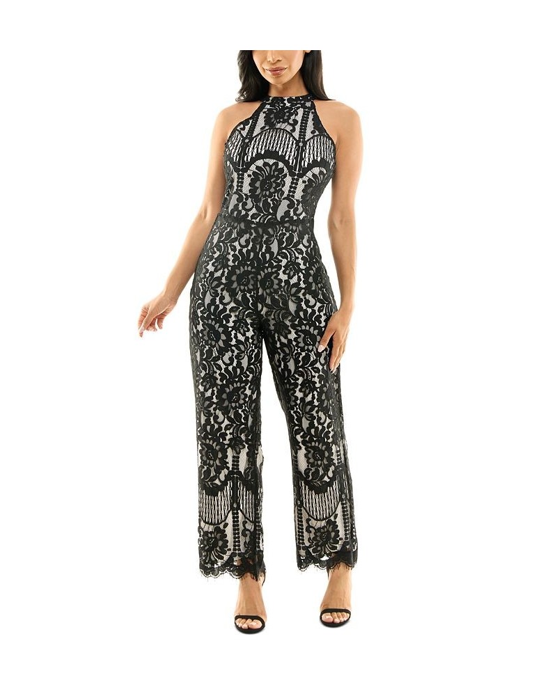 Lace Scalloped-Hem Halter-Neck Jumpsuit Black/white $42.00 Pants