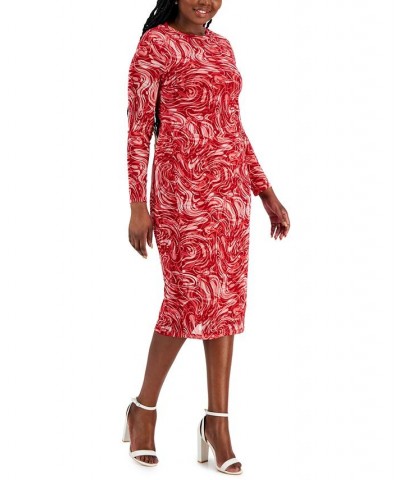 Women's Printed Side-Pleated Long-Sleeve Dress Red $31.85 Dresses