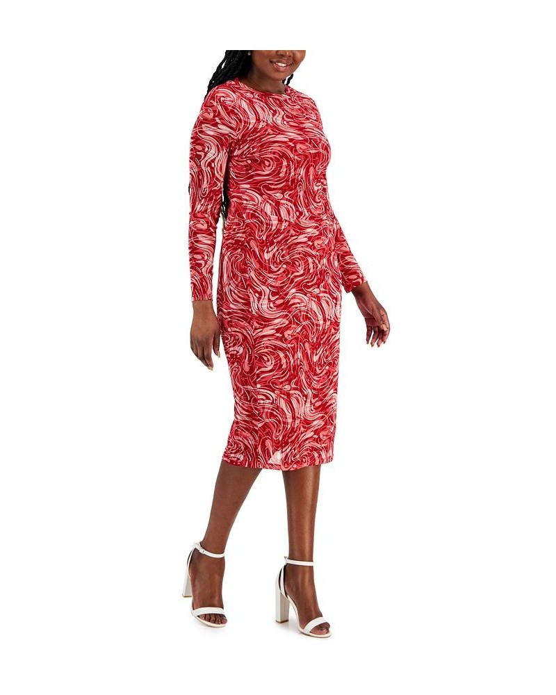 Women's Printed Side-Pleated Long-Sleeve Dress Red $31.85 Dresses