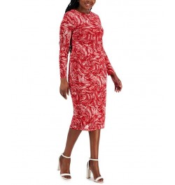 Women's Printed Side-Pleated Long-Sleeve Dress Red $31.85 Dresses