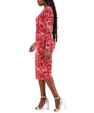 Women's Printed Side-Pleated Long-Sleeve Dress Red $31.85 Dresses