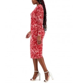 Women's Printed Side-Pleated Long-Sleeve Dress Red $31.85 Dresses