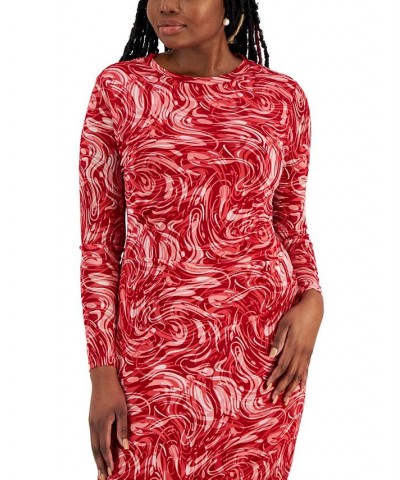 Women's Printed Side-Pleated Long-Sleeve Dress Red $31.85 Dresses