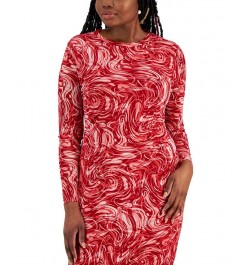 Women's Printed Side-Pleated Long-Sleeve Dress Red $31.85 Dresses