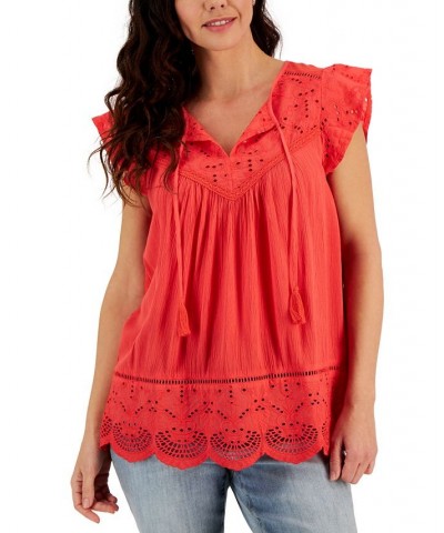 Women's Mixed-Media Lace-Trimmed Top Red $35.70 Tops