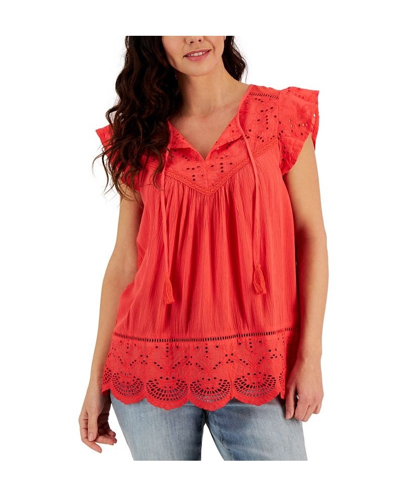 Women's Mixed-Media Lace-Trimmed Top Red $35.70 Tops