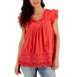 Women's Mixed-Media Lace-Trimmed Top Red $35.70 Tops