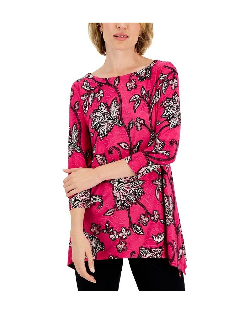 Petite Jacquard 3/4-Sleeve Beauty Flow Swing Top Pink $14.24 Tops