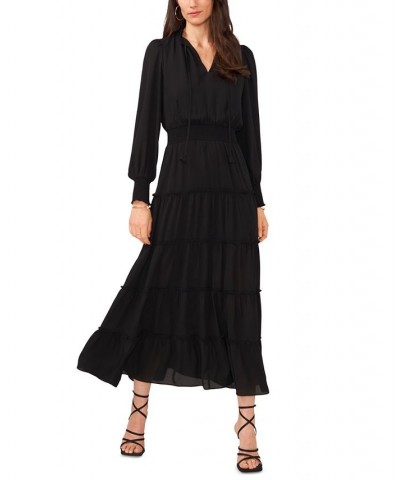 Women's Long Sleeve Tiered Maxi Dress Black $44.57 Dresses