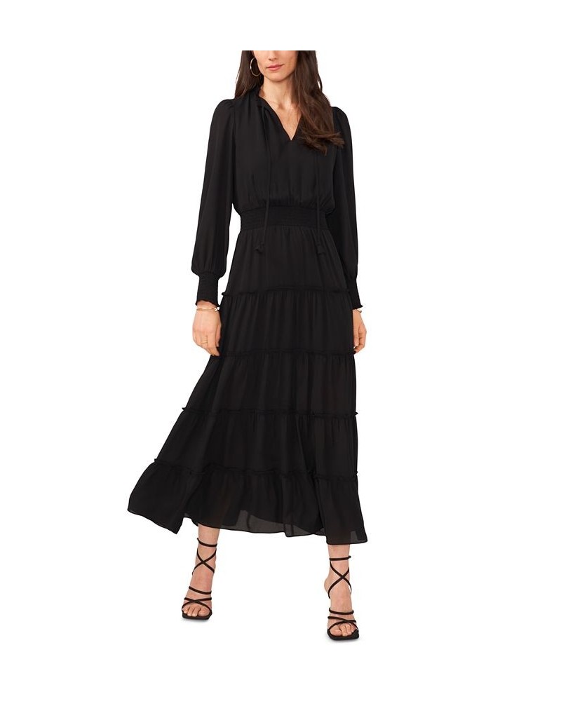 Women's Long Sleeve Tiered Maxi Dress Black $44.57 Dresses