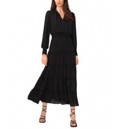 Women's Long Sleeve Tiered Maxi Dress Black $44.57 Dresses