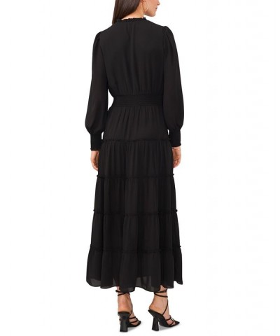 Women's Long Sleeve Tiered Maxi Dress Black $44.57 Dresses