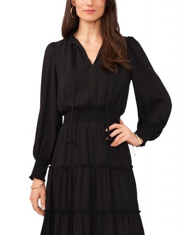 Women's Long Sleeve Tiered Maxi Dress Black $44.57 Dresses