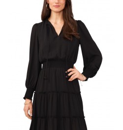 Women's Long Sleeve Tiered Maxi Dress Black $44.57 Dresses