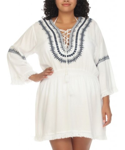 Plus Size Embroidered Lace-Up Cover-Up Dress White $32.64 Swimsuits