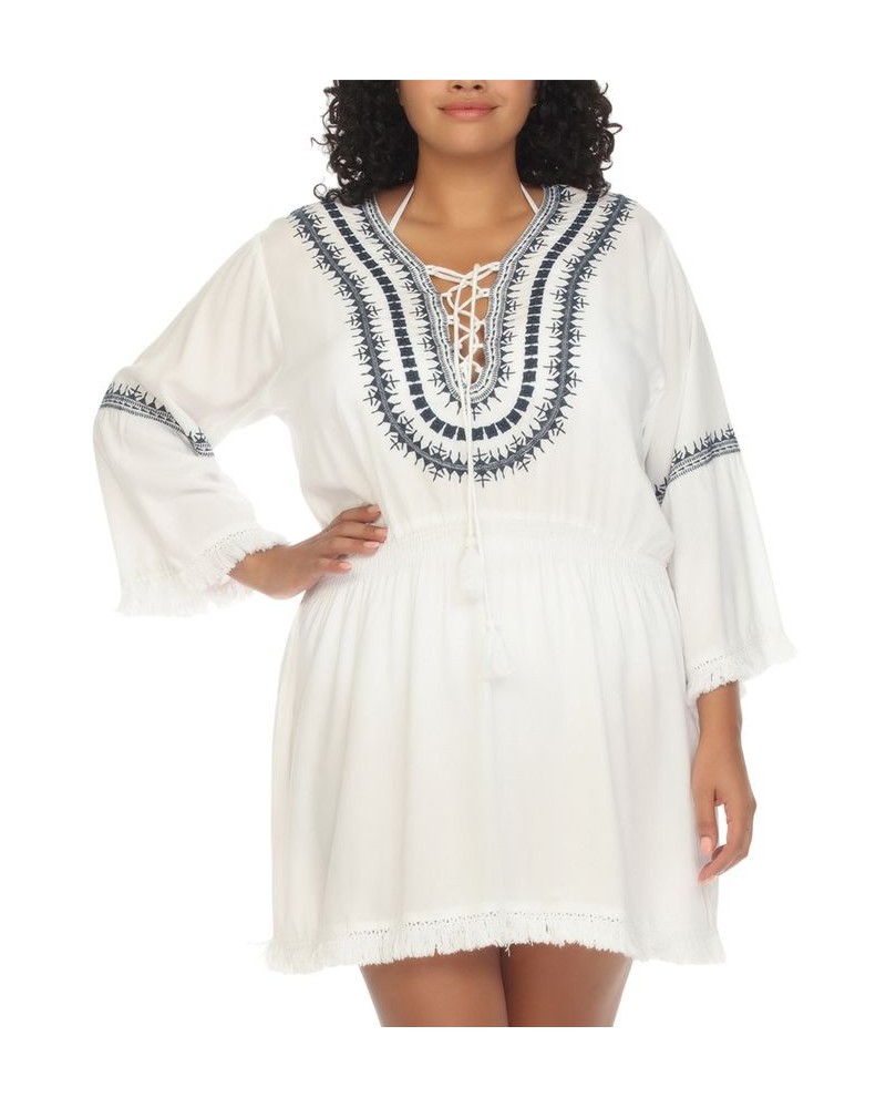 Plus Size Embroidered Lace-Up Cover-Up Dress White $32.64 Swimsuits